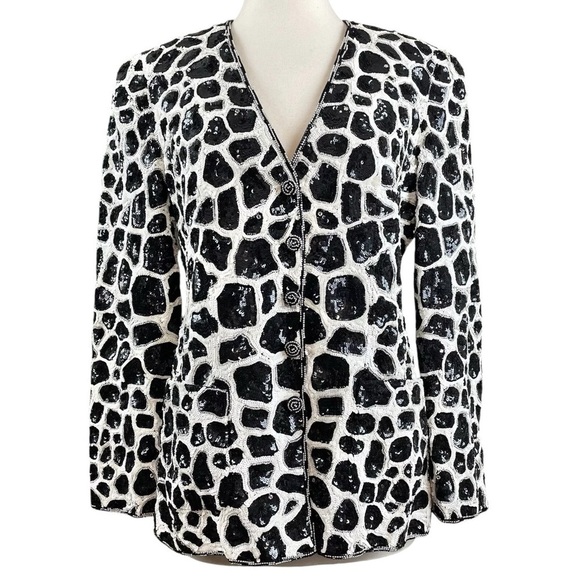 Louis Feraud Sequined Beaded Cow Leopard Print Blazer Jacket Black White Small - Picture 1 of 8